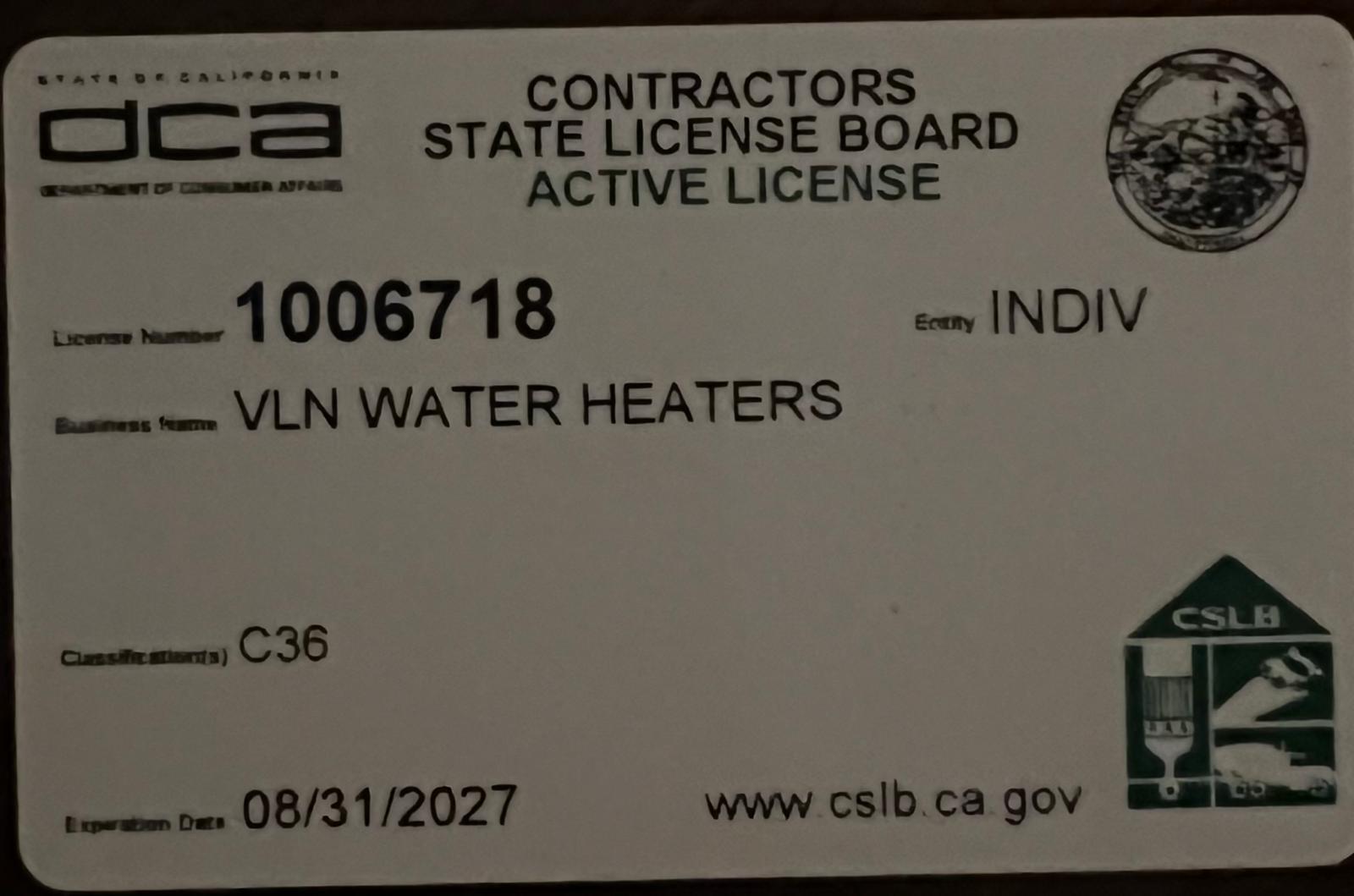 vln water heaters license